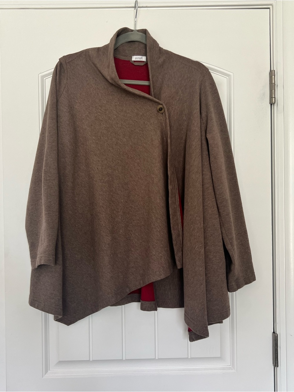 pure jill Asymmetric Brown Wrap Cardigan Red Contrast Lining Size Medium Petite